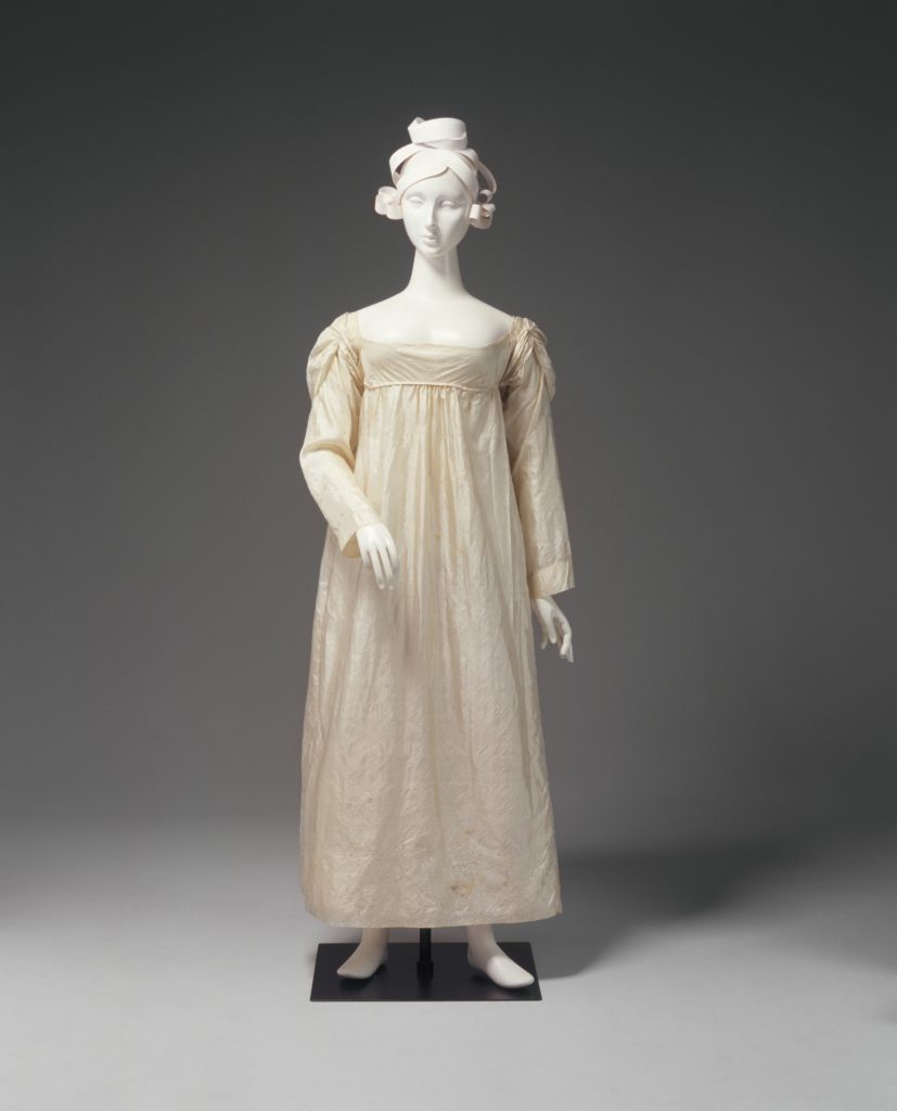 Silk damask wedding dress worn by Ann Marsden 